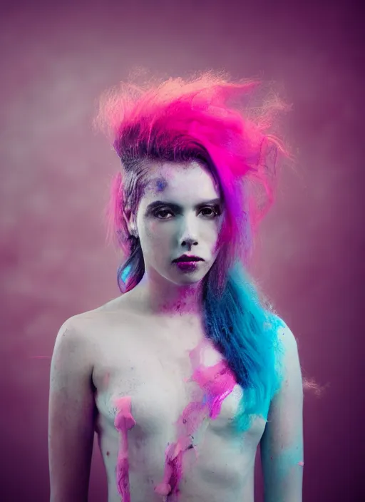 Prompt: a dramatic lighting photo of a beautiful young woman with cotton candy hair. paint splashes. moody, melanchonic. with a little bit of cyan and pink