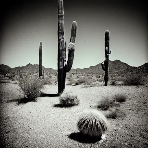 Prompt: desert with saguaro cactus moon, black and white, dark, gritty high contrast, pinhole camera - n 5