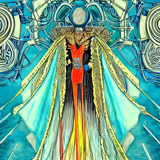 Image similar to beautiful portrait of the mysterious cybernetic masked figure, vogue cover, vogue poses, beautiful ornamental silk cape, intricate, highly detailed, masterful, fantasy world, sci fi world, in the style of moebius, akira toriyama, jean giraud