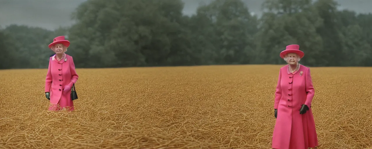 Prompt: queen elizabeth as a young woman walking through a field of spaghetti, canon 2 0 mm, wes anderson, kodachrome