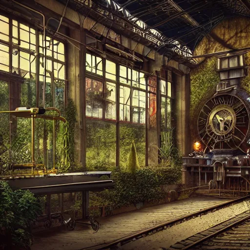 Prompt: a mechanical hummingbird in a old train station. golden hour. matte painting. steampunk. cyberpunk. laboratory. flowers. vines. weeds. moss. rembrandt. jeff koonz