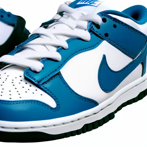 Image similar to a press photograph of nike dunk low baby blue and white, size 1 0, white background