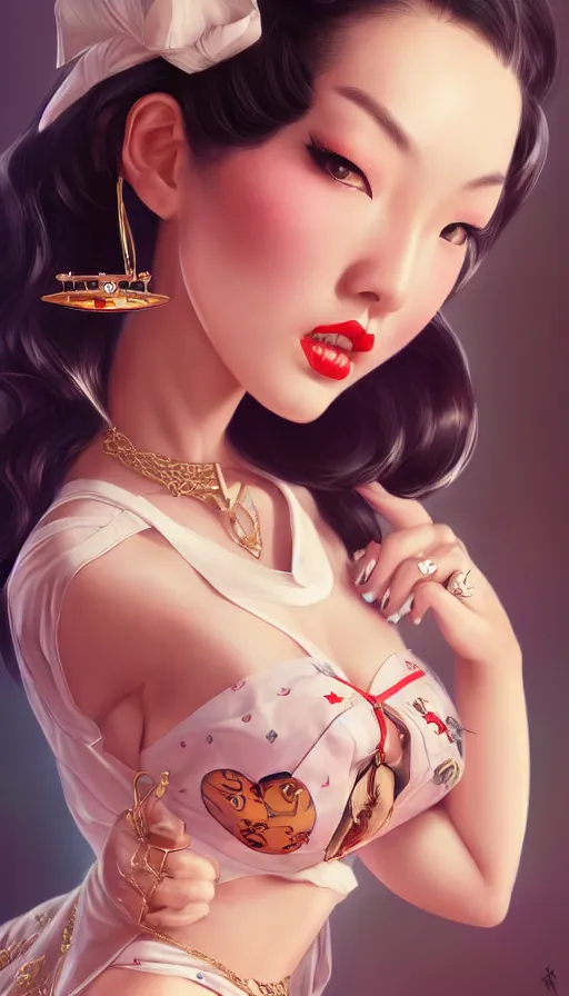 Image similar to a pin up and beautiful fashion and charming and dreamlke asian girl with lv jewelry, medium shot, art by artgerm & ross tran & wlop, hyperdetailed, 8 k realistic, symmetrical, frostbite 3 engine, cryengine, dof, trending on artstation, digital art