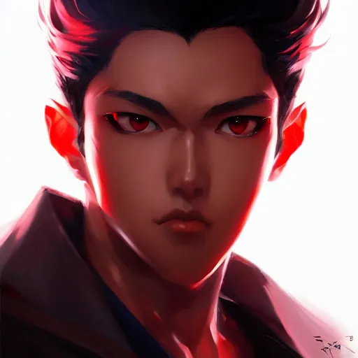 Image similar to anime portrait of a slick black hair guy with red eyes by stanley artgerm lau, wlop, rossdraws, james jean, andrei riabovitchev, marc simonetti, and sakimichan, trending on artstation