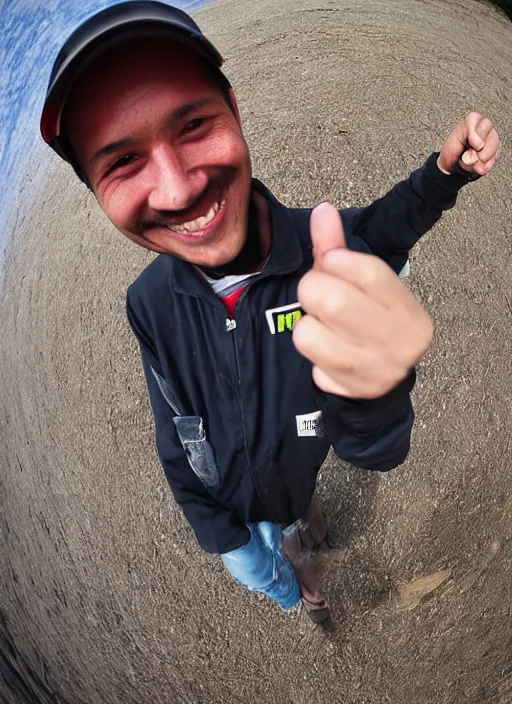 Image similar to kfum worker smiling and giving a thums up out doors. fisheye lens