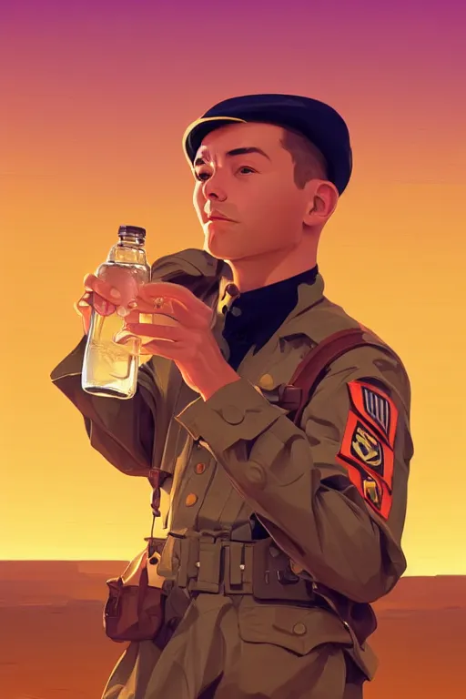 Image similar to funny drunk soldier with bottle in his hand in the desert, smooth face, centered median photoshop filter cutout vector behance hd by artgerm, jesper ejsing, by rhads, makoto shinkai and lois van baarle, ilya kuvshinov, rossdraws, illustration, art by ilya kuvshinov and gustav klimt