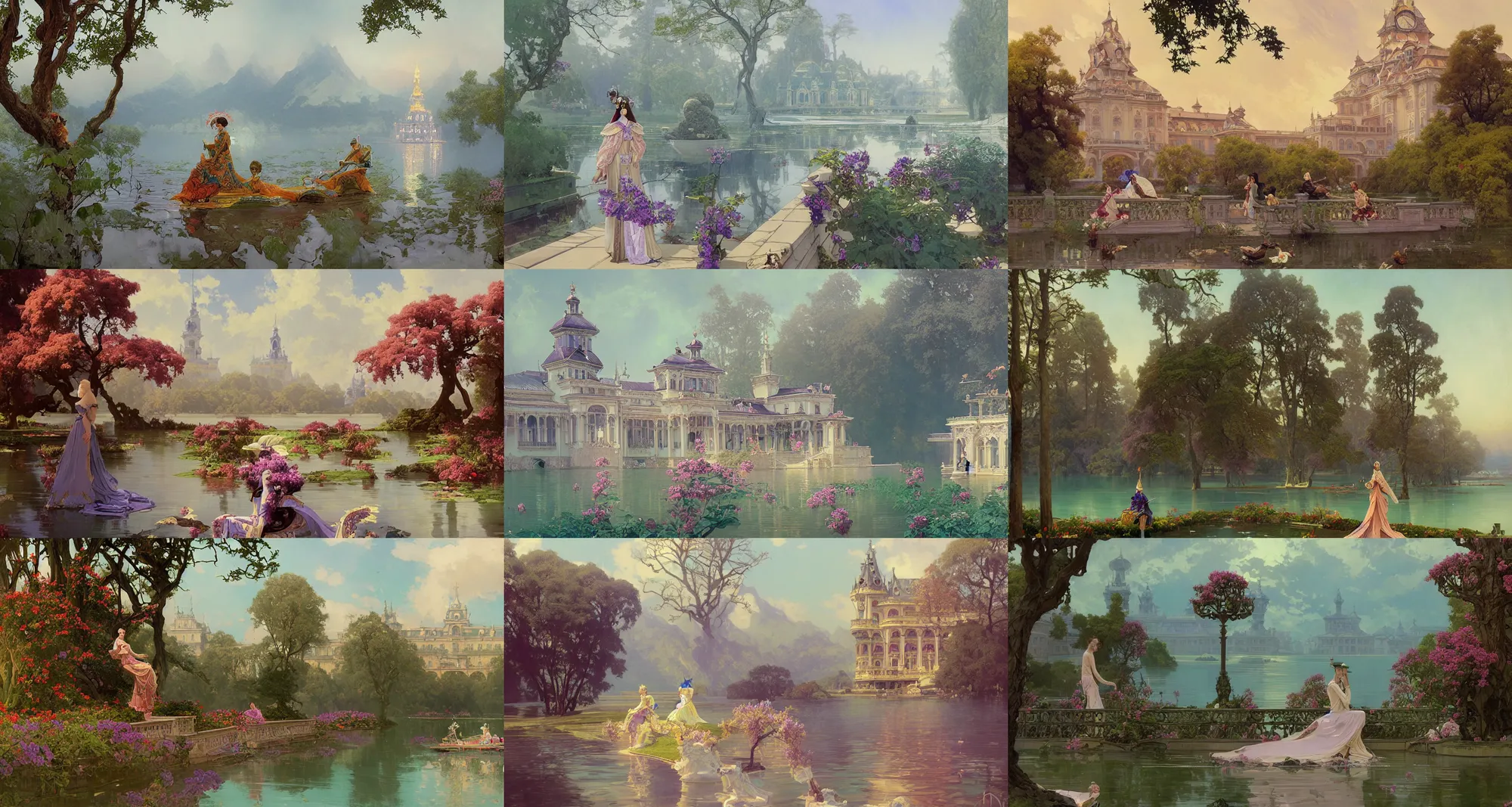 Prompt: royal palace by the lake, lilac bushes, art nouveau architecture, fantasy, art by joseph leyendecker, peter mohrbacher, ivan aivazovsky, ruan jia, reza afshar, marc simonetti, alphonse mucha