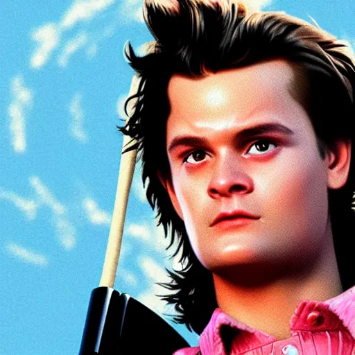 Image similar to steve harrington holding a baseball bat, looking off into the sunset, synthwave style.