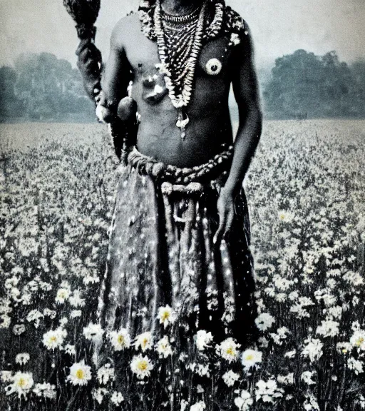 Image similar to mystical hindu god kaali standing in tall meadow of flowers, distant, ww1 film photo, grainy, high detail, high resolution