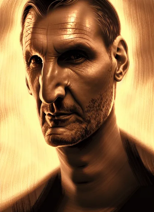 Image similar to portrait of christopher eccleston, intricate, elegant, glowing lights, highly detailed, digital painting, artstation, concept art, smooth, sharp focus, illustration, art by wlop, mars ravelo and greg rutkowski