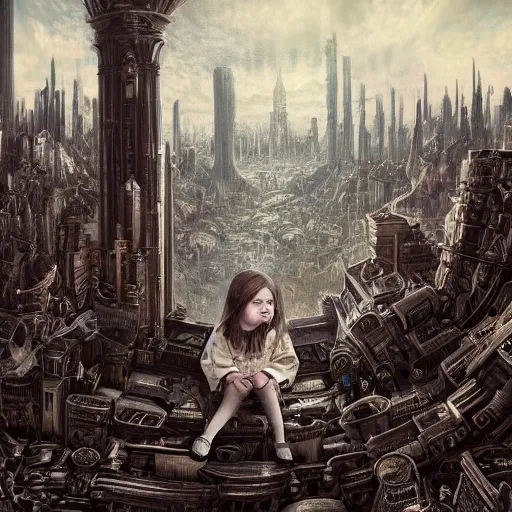 Prompt: a photo of young sad victorian gothic child with big eyes and wide grin sitting on a sofa of bones surrounded by a cyber futuristic cityscape made of human body parts by dan mumford, ultra detailed, 8 k resolution, beautiful lighting, expansive detailed layered city, landscape, 5 0 mm