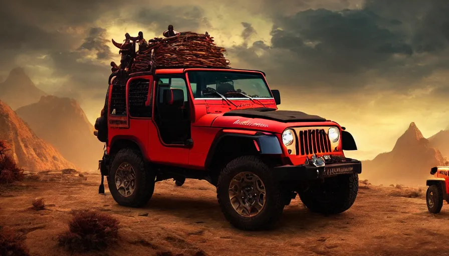 Prompt: red Mahindra thar, tribe members watching nearby, an epic fantasy, dramatic lighting, cinematic, establishing shot, extremely high detail, photorealistic, cinematic lighting, artstation, by christopher nolan, horizon forbidden west