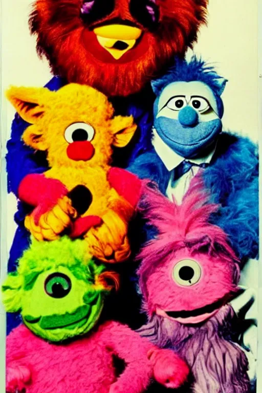 Image similar to retro 7 0 s photo of a cursed furby teletubby clown muppet hr pufnstuf