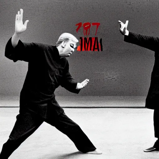 Prompt: Donald Trump versus Obama, kung fu fight, film still from the 36th Chamber of Shaolin