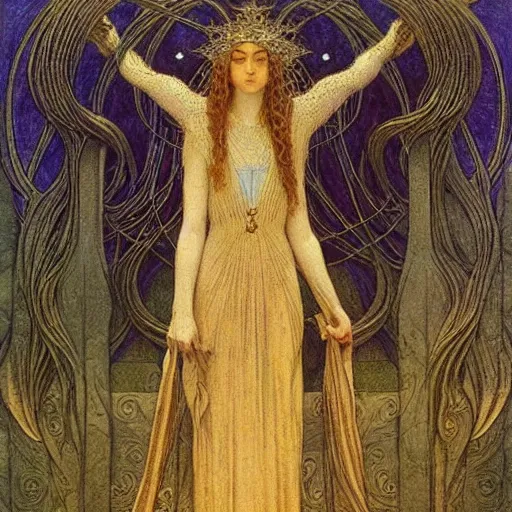 Prompt: a beautiful young medieval queen by jean delville, art nouveau, symbolist, visionary, gothic, celestial, whimsical, magical, airy