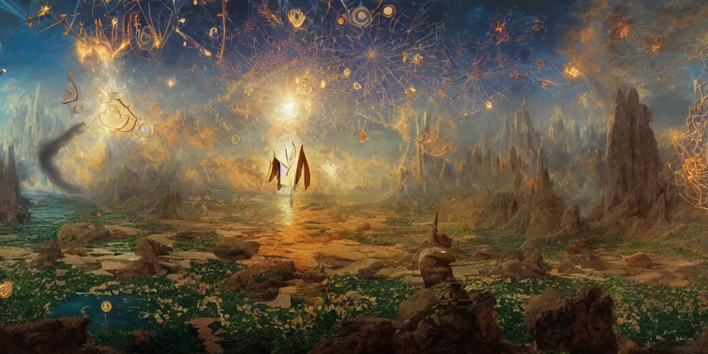 Image similar to a beautiful and highly detailed matte painting of magical tarot cards floating in the midst of magical explosions, intricate details, epic scale, insanely complex, 8 k, sharp focus, hyperrealism, very realistic, by caspar friedrich, albert bierstadt, james gurney, brian froud,