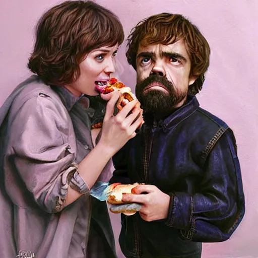 Image similar to portrait of peter dinklage sharing hotdogs with scarlett johansson, an oil painting by ross tran and thomas kincade w 7 6 8