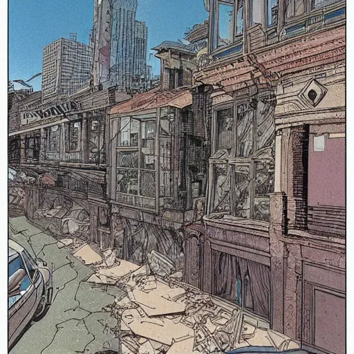 Image similar to crumbling society, dilapidated buildings, overcast skies, muted colors, drawn by moebius