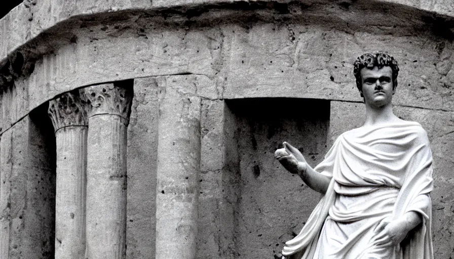 Image similar to 1 9 6 0 s movie still close - up of caligula in a white toga heavy bleed on ancient amphitheater, cinestill 8 0 0 t 3 5 mm, high quality, heavy grain, high detail, dramatic light, anamorphic, blood