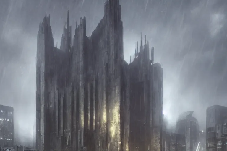 Prompt: a towering cathedral of brutalist architecture, metal, concrete, mist, rain, night, dramatic lighting, lightning bolt, trending on Artstation, 8k, highly realistic, hyper detailed, unreal engine 5, IMAX quality, realistic, cinematic, epic lighting, realistic, in the style of Greg Rutkowski