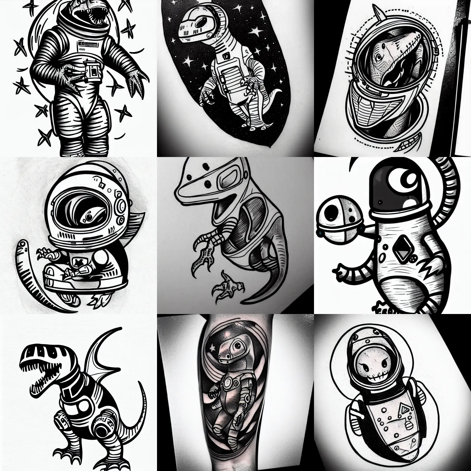 Prompt: tattoo sketch cute dinosaur in space suit black and white, cartoon style sci - fi, futuristic, cyberpunk