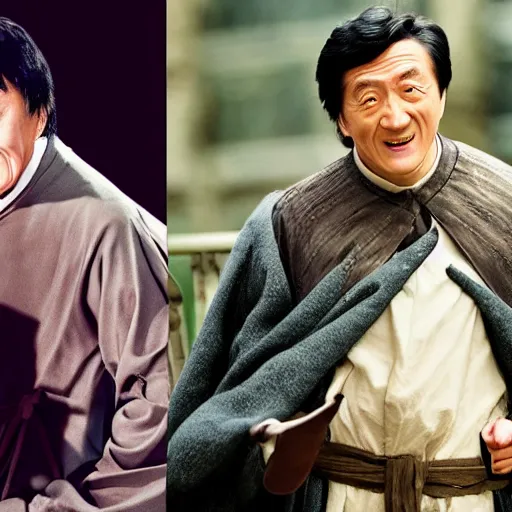 Prompt: old Jackie Chan as Dumbledore with a long grey bird