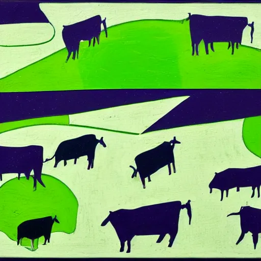 Prompt: cows casting a shadow being abducted by ufo in summer night from pasture. aerial view, minimalism, precisionist in style of patrick nagel, purple and green gamma with contrast and shadows