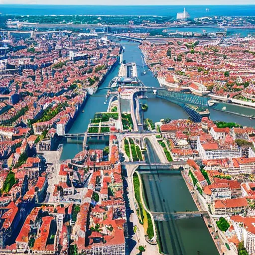 Image similar to aerial view of bordeaux, art concept, architectural, coherent, you can see the river and most known monuments, tropical mood, water is like a lagoon