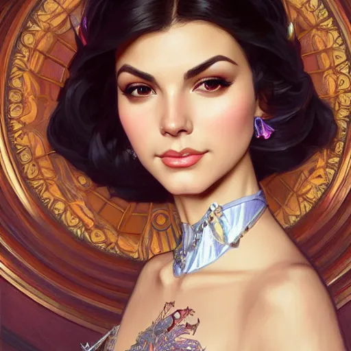 Prompt: A combination of Victoria Justice's and Grace Kelly's faces, western, D&D, fantasy, intricate, elegant, highly detailed, digital painting, artstation, concept art, matte, sharp focus, illustration, art by Artgerm and Greg Rutkowski and Alphonse Mucha
