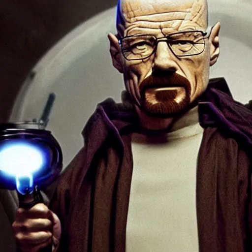 Image similar to realistic photo of walter white as a jedi from star wars, using jedi clothes and with a lightsaber