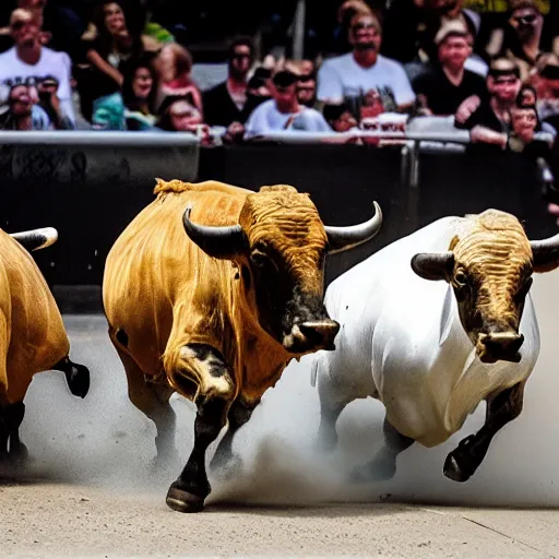 Prompt: bulls on parade, angry, chaotic, fast moving, dynamic