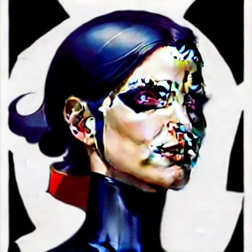 Image similar to artgerm, joshua middleton comic cover art, pretty domino character marvel comics sarah michelle gellar, place white skin, asymmetrical black spot covering left eye only, no spot right eye white around right eye asymmetrical eye