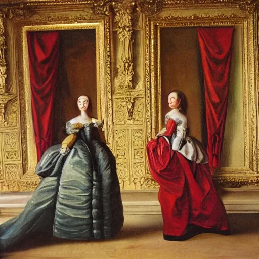 Image similar to oil on canvas. two women in a vast castle lobby wearing fine clothes. dark room with light coming through the right side of the place. baroque style 1 6 5 6. high quality painting, no distortion on subject faces.