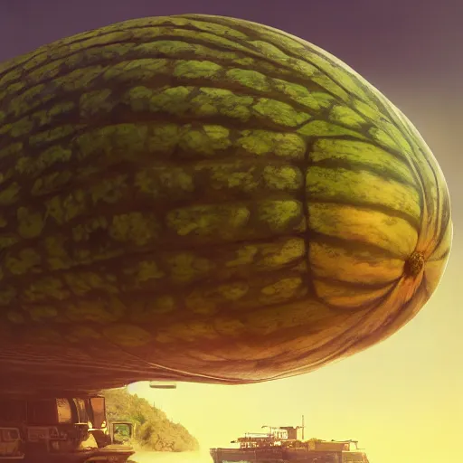 Prompt: Concept Digital Art Highly detailed Giant Watermelon war machine protecting Beautiful Ukrainian village by Taras Shevchenko and Stephen Hickman and Beeple. Very highly detailed 8K,Pentax 67, Kodak Portra 400, the golden ratio, photorealism rational painting