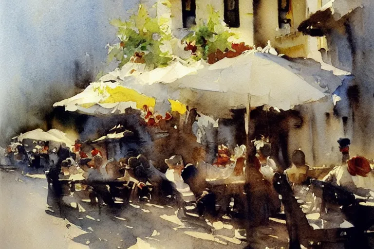 Image similar to abstract watercolor painting of first summer day, portuguese cafe, cinematic light, national romanticism by anders zorn