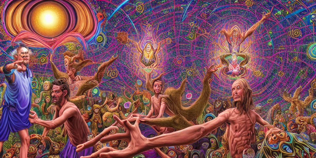 Prompt: hyper detailed portrait of a dmt spirit guide greeting a lost psychonaught, friendly dmt time elves, cathedral background, masterpiece composition, 8 k resolution, ultra fine illustration, alex grey, todd schorr, casey weldon, tokio aoyama, highly detailed,