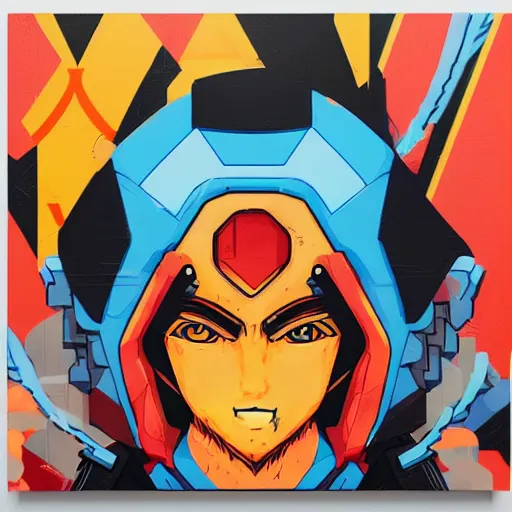 Prompt: Supreme x Megaman profile picture by Sachin Teng, asymmetrical, Organic Painting , Violent, Powerful, geometric shapes, hard edges, energetic, graffiti, street art:2 by Sachin Teng:4