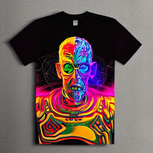 Image similar to mockup of a black tshirt with a hyperdetailed trippy portrait of a atompunk robot by hajime sorayama, 8 k, symetrical, flourescent colors, trippy mood, multicolored,