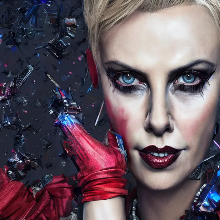 Image similar to portrait of Charlize Theron as a harley quinn. intricate abstract. intricate artwork. by Tooth Wu, wlop, beeple, dan mumford. octane render, trending on artstation, greg rutkowski very coherent symmetrical artwork. cinematic, hyper realism, high detail, octane render, 8k, iridescent accents