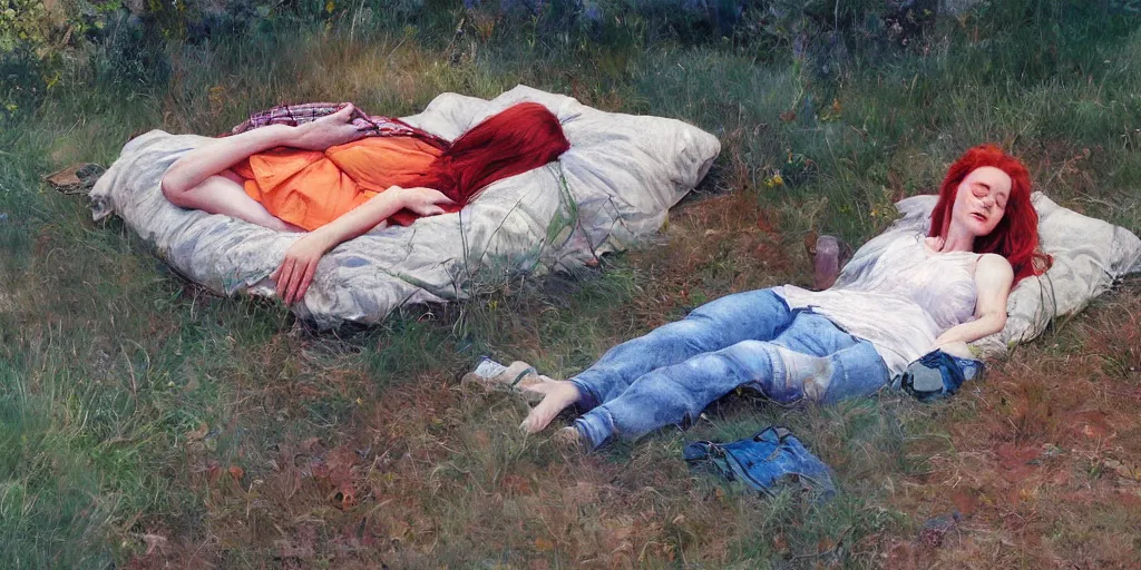 Prompt: redhead sleeping outside in summer, artstation james gurney