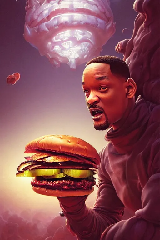 Image similar to will smith inside hamburger, hyper detailed, digital art, artstation, cinematic lighting, studio quality, smooth render, by peter caravaggio, mohrbacher, hajime sorayama, wayne barlowe, boris vallejo, aaron horkey, gaston bussiere, craig mullins