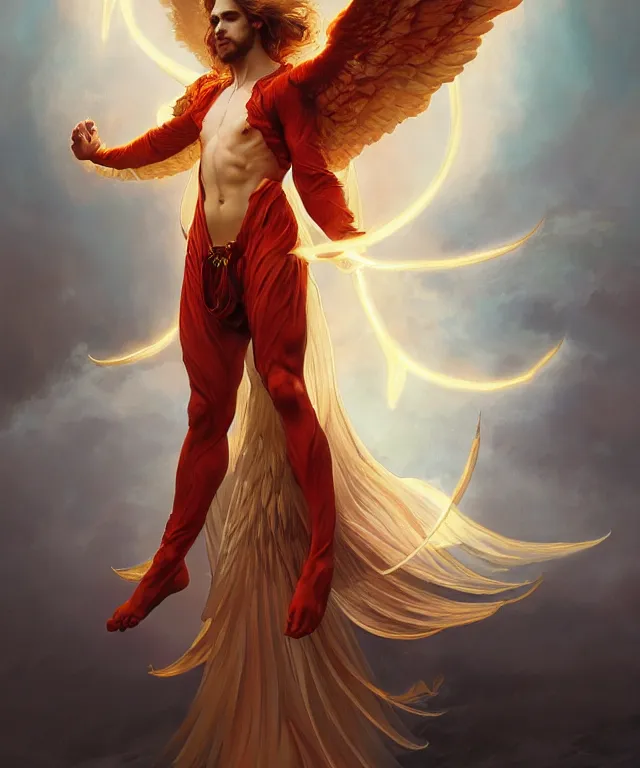 Image similar to symmetrical fullbody portrait of a beautiful young fit male angel with curly blond hairs, full dressed in long fluent red clothes, majestic big demon wings, luminous fire halo, by greg rutkowski and alphonse mucha, gradient white to gold, in front of an hellish background, highly detailed portrait, digital painting, artstation, concept art, smooth, sharp focus illustration