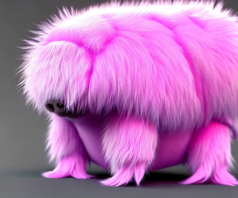 Image similar to high quality 3 d render hyperrealist very cute small tardiradiant, plush mascot, long spiky fluffy smooth hair, photo from the side, pink fluffy fur, vray, smooth background, artstation, ultra detailed