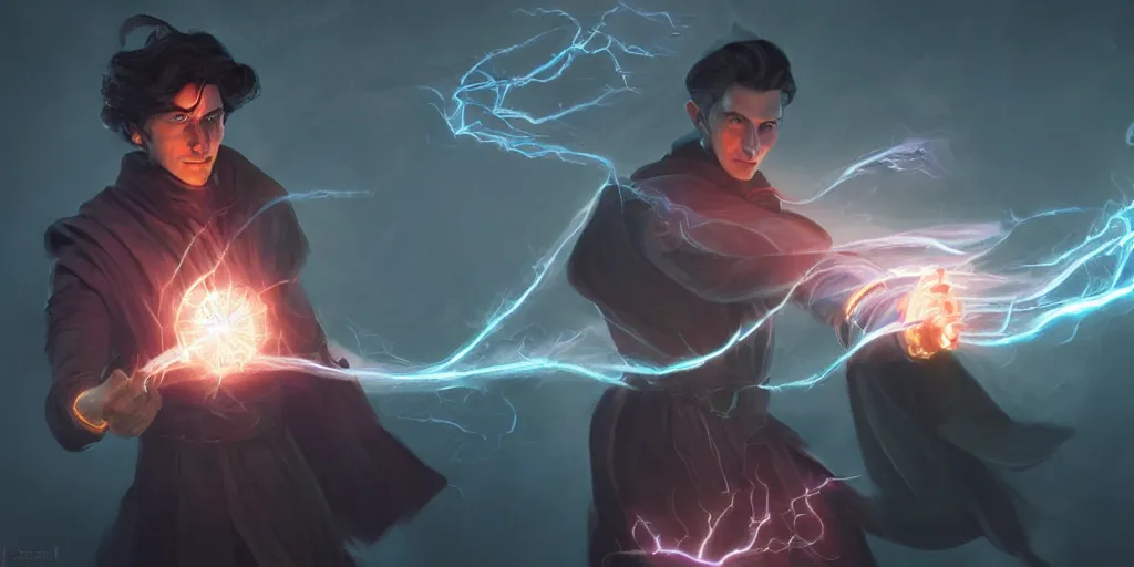 Image similar to a male sorcerer that looks like nikola tesla casting a lighting spell, light rays, bloom, epic pose, dramatic lighting, concept art, by dan luvisi, jason chan and gilles beloeil