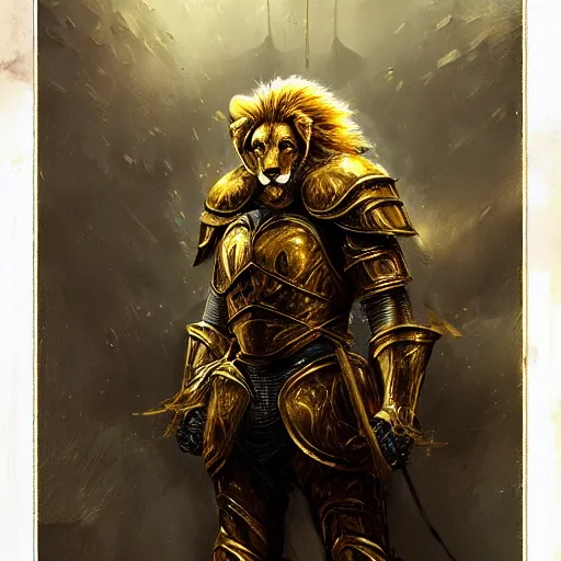 Prompt: lion knight in golden shiny armor art by Daniel Dociu detailed hd