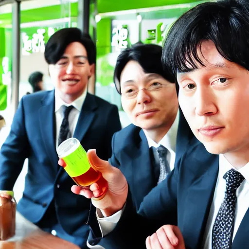 Prompt: korean business men drinking from green bottles by huskmitnavn