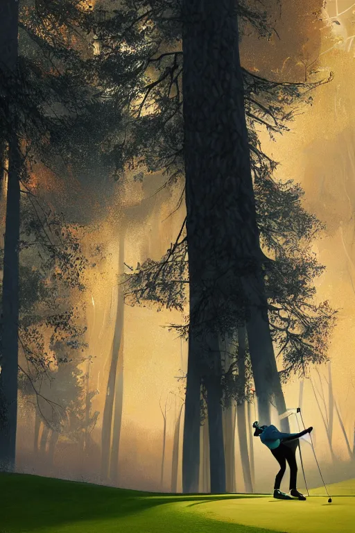 Prompt: close-up of an athletic golf player on a stunning landscape lush golf course, magical lights, golden hour, surrounded by forest fire, smoke from the fire, sunlight shining through the branches of trees, digital painting, 4k, forest ray light, particles light, by sasha kalinkin, Noah Bradley, ilya kuvshinov