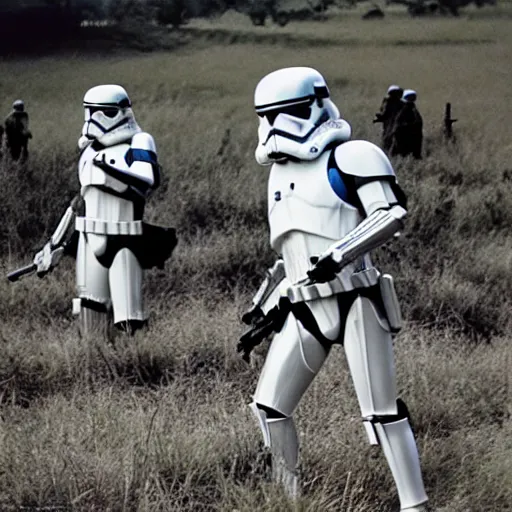 Image similar to star wars clone troopers offer aid to soldiers in vietnam, photo, old picture, lush landscape, field, firearms, war, bombs, explosions, x - wings, tie fighters, aerial combat, active battle zone, in trenches, star wars droid battle, jedi master, land mines, gunfire, grenades, violence, tanks, lasers