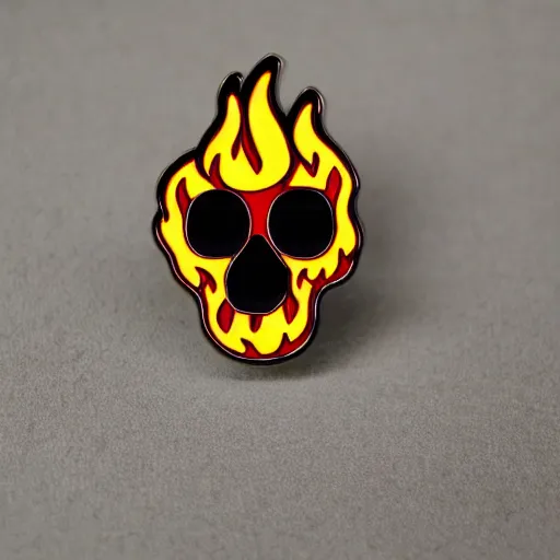 Prompt: vintage minimalistic clean skull fire flame warning enamel pin