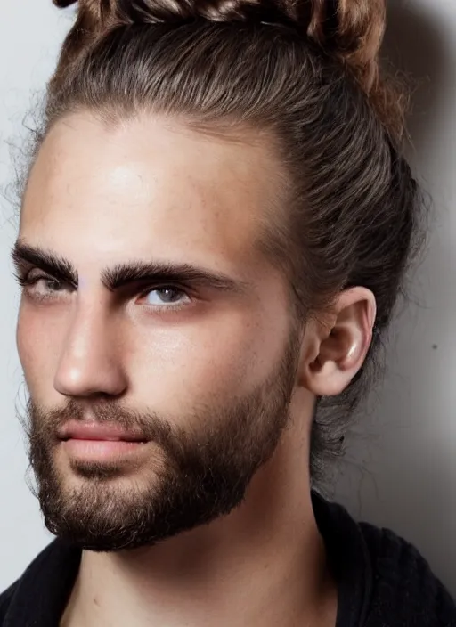 Image similar to a skinny young white male with a dark brown man bun for hair